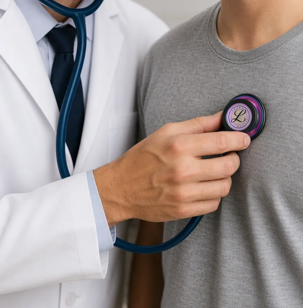Médico auscultando a un paciente con un fonendoscopio Littmann
